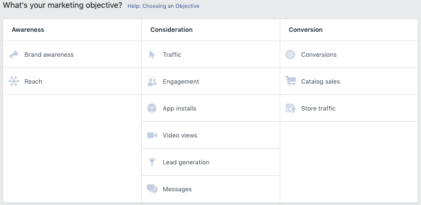 Facebook Marketing Objectives LIst
