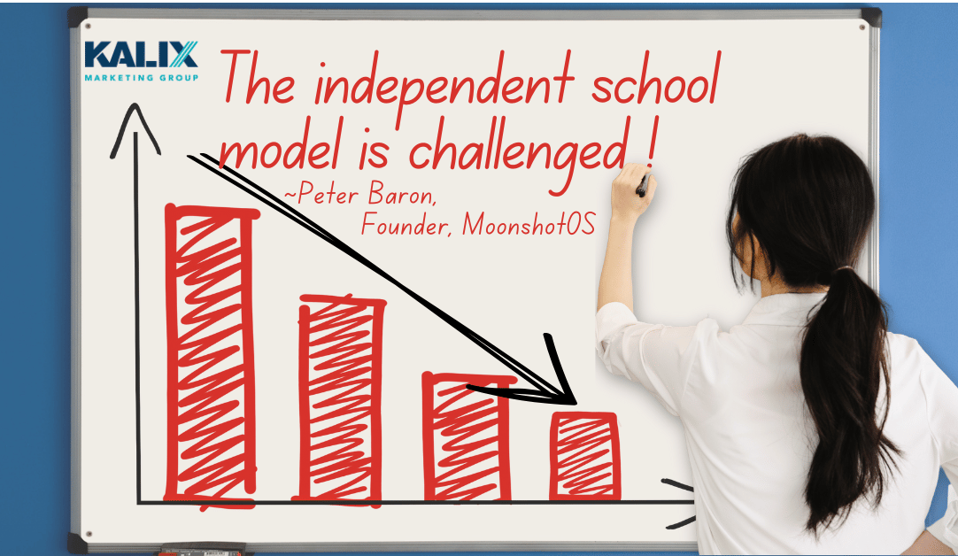 Teacher drawing a declining graph on a whiteboard with the statement "The independent school model is challenged."