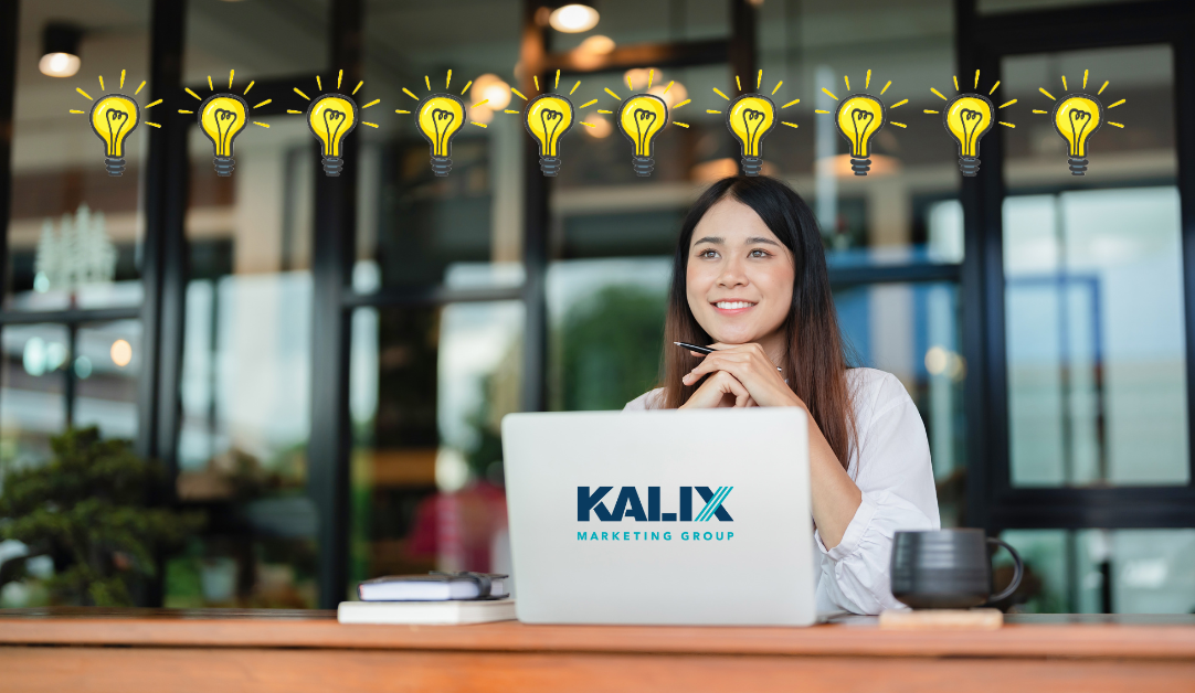 A young woman with 10 lights bulbs shining over her head implying 10 ideas