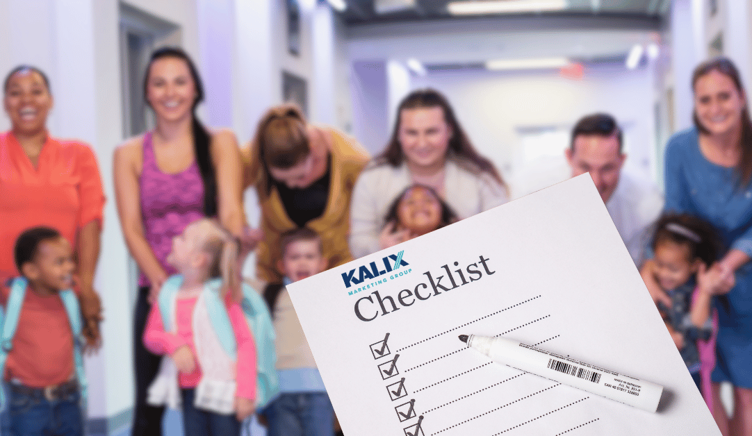 A group of parents and their children stand in a school hallway, with a superimposed checklist image overlaying the scene