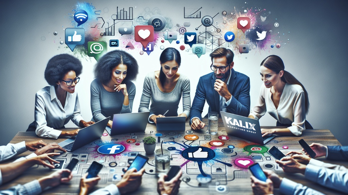 Group of marketing professionals around a table looking at monitors and mobile devices