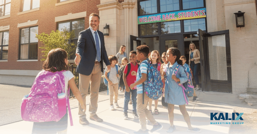 School principle welcoming students at Back-to-School day