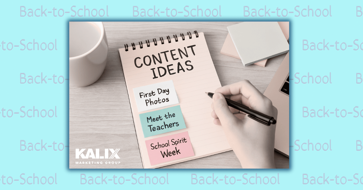 Someone jotting notes in a spiral-bound planner labeled “Content Ideas” with sticky notes reading “First Day Photos,” “Meet the Teachers,” and “School Spirit Week”