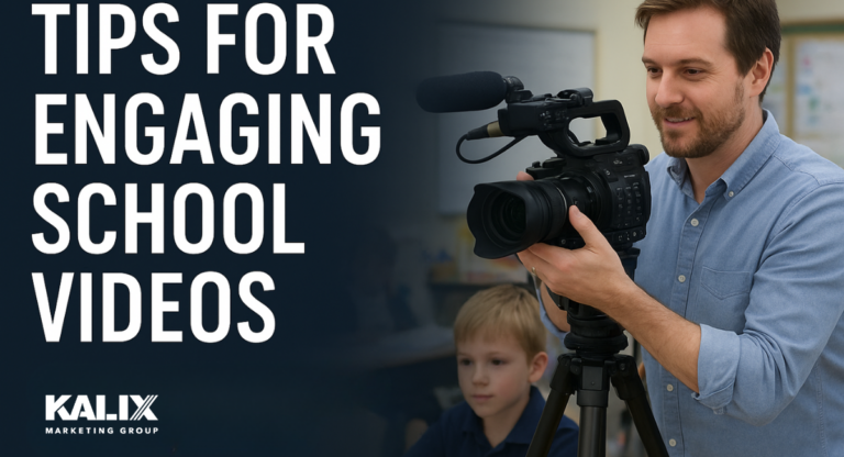 Videographer recording a video in a school classroom while standing next to a little boy