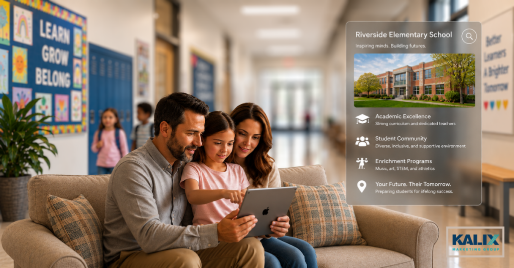 Family using AI on a tablet to research an elementary school while AI-generated school information appears alongside a school hallway background.