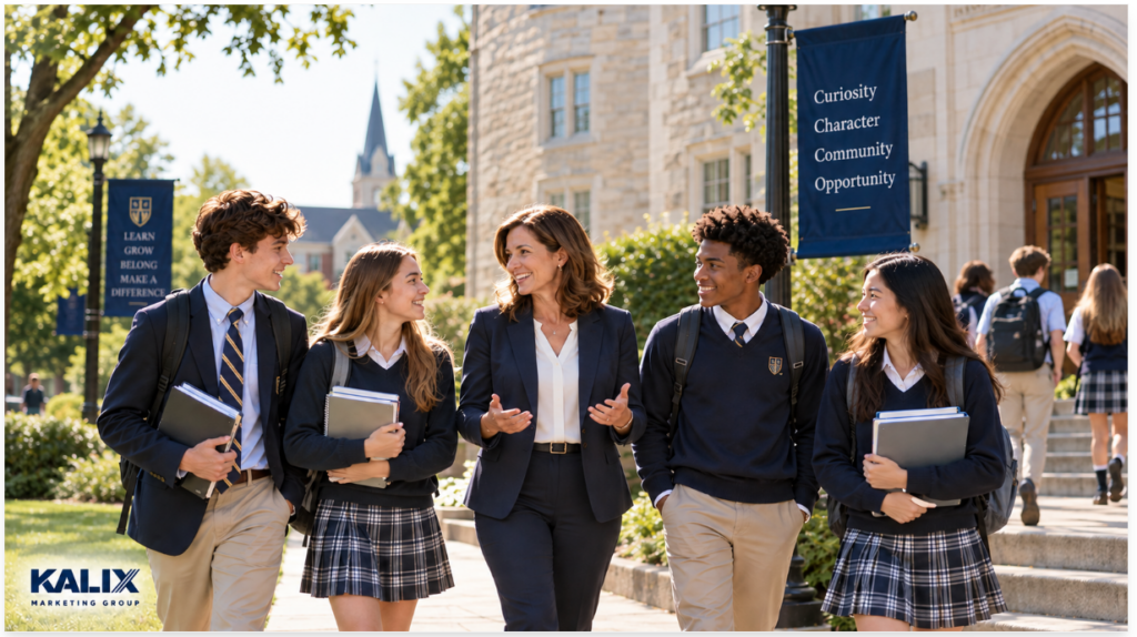 School leader walking and talking with high school students carrying books and backpacks on a private school campus.