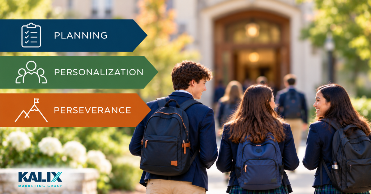 Three colorful banners reading “Planning,” “Personalization,” and “Perseverance” overlay a softly blurred private school campus with students in uniforms walking toward the school entrance.